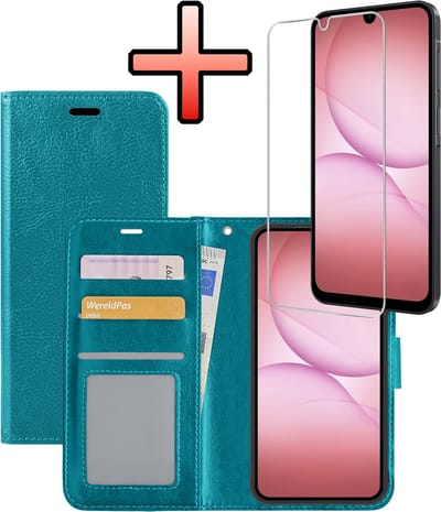 Hoesje - Met Screenprotector - Geschikt voor Samsung Galaxy A17 - Luxe Pasjeshouder - Bookcase Portemonee - Flip Case - Kunstleer Book Case - Flipcase - Book Cover - Walletcase - Portemonneehoes - Turquoise