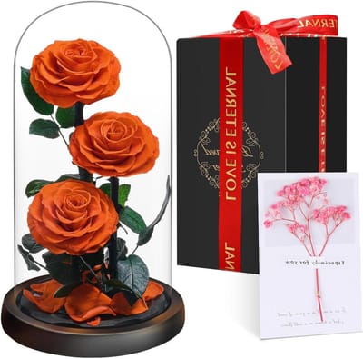 Eeuwige Roos Glas - Geconserveerde Bloem - Bijzonder Cadeau - Echte Roos 5 Jaar - 8cm Roos 20x20x36cm - Oranje