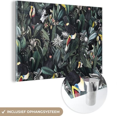 MuchoWow® Glasschilderij 120x80 cm - Schilderij acrylglas - Bloemen - Toekan - Bladeren - Foto op glas - Schilderijen