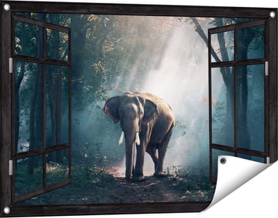 Gards Tuinposter Doorkijk Olifant in het Bos met Zonneschijn - 90x60 cm - Tuindoek - Tuindecoratie - Wanddecoratie buiten - Tuinschilderij
