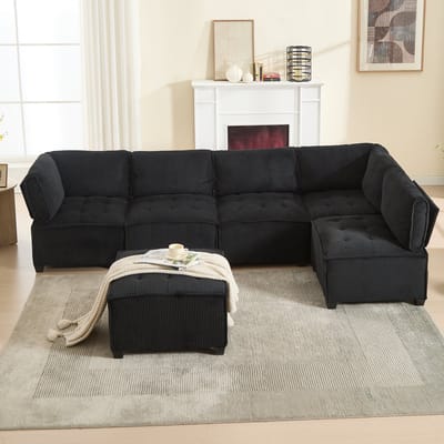 Intebiki Hoekbank 308 x 154 x 81.99 cm - Modulaire 6-Zits Bank - met verplaatsbare hocker en opbergruimte - flexibel L/U-vormig ontwerp - voor woonkamer of kantoor - chenille - ergonomisch - zwart