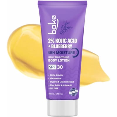 BAKE 2% Kojic Acid Verhelderende Bodylotion (200ml) met Niacinamide & SPF 30 PA+++ voor Pigmentatie & Bruiningsverwijdering | Voor Donkere Vlekken & Zonbescherming | yellow