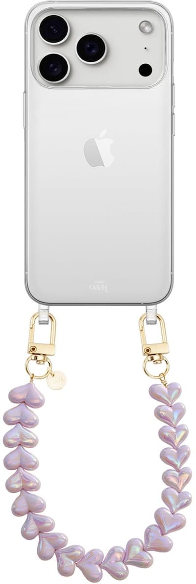xoxo Wildhearts siliconen hoesje - Geschikt voor iPhone 17 Pro Max hoesje - Funky Hearts (Purple Metallic) - Telefoonhoesje - Hoesje met koord - Paars koord - kort telefoonkoord - Hartjes ketting - Transparant hoesje