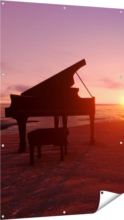 Gards Tuinposter Piano op het Strand bij Zonsondergang - 100x150 cm - Tuindoek - Tuindecoratie - Wanddecoratie buiten - Tuinschilderij