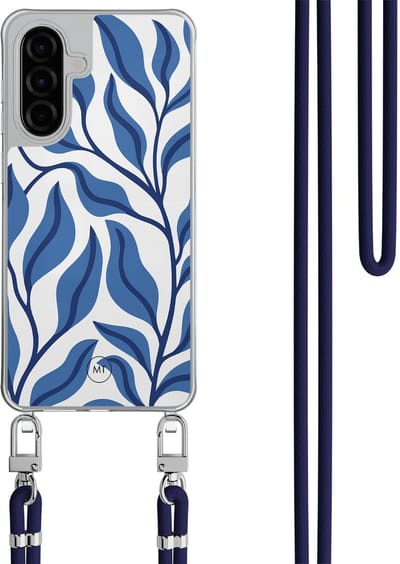 Hoesje met koord geschikt voor Samsung Galaxy A36 - Blue leaves - Inclusief Donkerblauw koord - Crossbody beschermhoes - Transparant, Blauw - Mooie Telefoonhoesjes