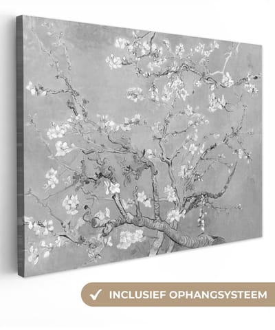 Canvas schilderij 40x30 cm - Wanddecoratie Amandelbloesem - Kunst - Van Gogh - Grijs - Muurdecoratie woonkamer - Slaapkamer decoratie - Kamer accessoires - Schilderijen op canvas