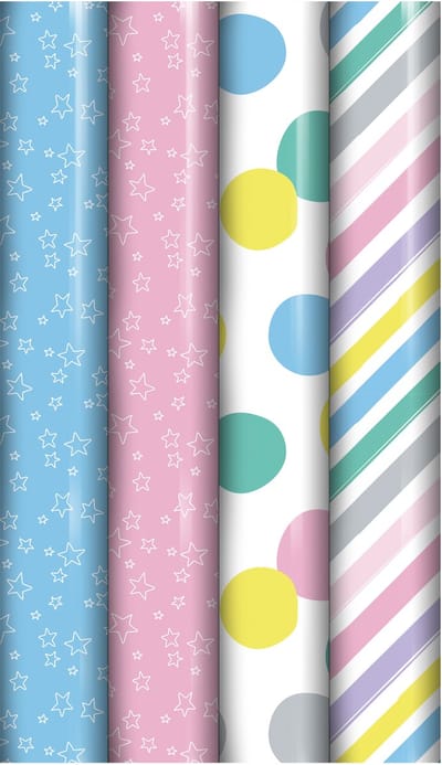 Geboorte cadeaupapier - Pastel inpakpapier voor kinderen en geboorte - 300 x 70 cm - 4 rollen