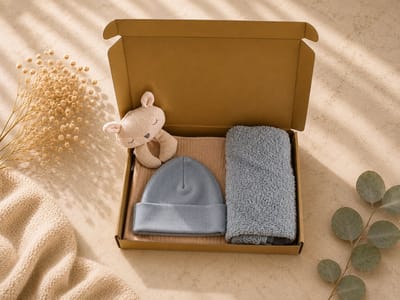 Kraampakket beige / lichtblauw – Hydrofiele Knuffeldoek, Baby Mutsje & Slab – baby jongen – babyshower – Luxe Gouden Geschenkverpakking – Brievenbus Kraamcadeau