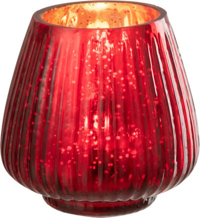 J-Line theelichthouder Geribbeld - glas - rood - 4 stuks