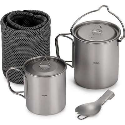 Ensemble léger en titane 3 pièces Pot en titane 750 ml Tasse à eau/Mug 450 ml avec couvercle Poignée pliable Cuillère-fourchette pliable pour gray