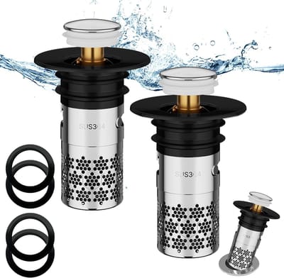 Universele Pop-Up Afvoerplug voor Wastafel en Badkuip, RVS Stopper met Filtermand, 34-40mm, 2 Stuks, Ideaal voor Badkamer en Keuken