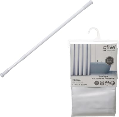 5Five Douchegordijn met ringen - wit - polyester - 180 x 200 cm - incl ophangstang uitschuifbaar 70-120 cm
