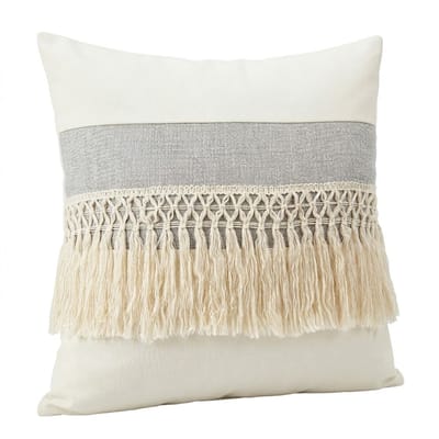 Lichtgrijs wit kussen hoesje 45 x 45 cm vierkant polyester kussenhoezen met franjes en geweven patroon sierkussen hoes decoratief voor bank en stoel geschikt voor dames en heren