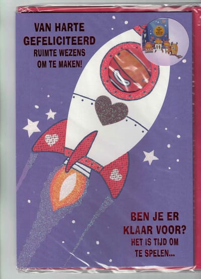 wenskaart - XL wenskaart - verjaardagskaart met knutselpoppetjes - astronautjes - grote verjaardagskaart kind - ruimtevaart - raket naar de maan