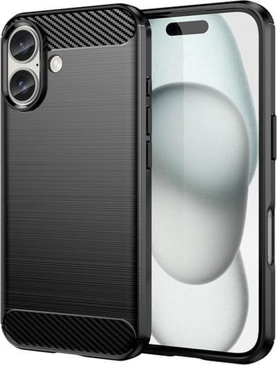 MobyDefend Hoesje - Geschikt voor iPhone 16 - TPU Backcover - Geborstelde Metaal & Carbon-Look - Zwart