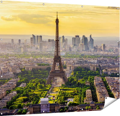 Gards Tuinposter Skyline van Parijs met de Eiffeltoren - 150x120 cm - Tuindoek - Tuindecoratie - Wanddecoratie buiten - Tuinschilderij