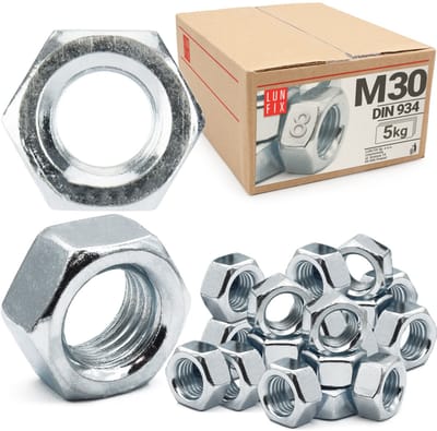 LUN FIX - Zeskantmoer M30 - 5 Kg (ca. 24 Stk.) - DIN 934 - Sterkte 8 - Verzinkt staal - Moeren voor schroeven