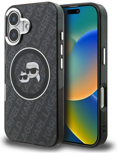 Karl Lagerfeld IML Glitter Karl & Choupette Heads Logo MagSafe Hoesje voor iPhone 16 Zwart