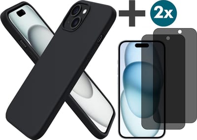 Hoesje met Privacy Screenprotectors 2 Stuks Geschikt voor iPhone 15 Plus Hoesje Siliconen - liquid case - Arara Backcover - Zwart