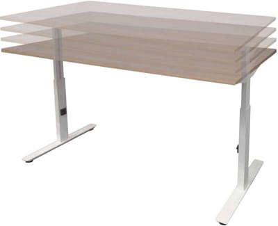 Linesto Plus bureau, hoogte instelbaar (65-85cm) met 140x80cm Honey Castello 25mm blad en aluminium (RAL9006) t-poot frame met rechte tenen