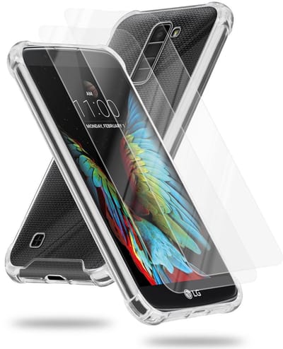 Cadorabo Hoeje en 2x Tempered beschermglas geschikt voor LG K10 2016 in TRANSPARANT - Hybride beschermhoes met TPU siliconen rand en acryl-glas achterkant