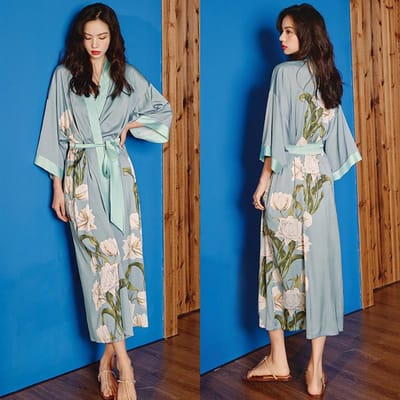 Grote Maten Dames Lange Badjas Nachtkleding Print Bloem Kimono Badjas Gewaad Loungewear Lente Zomer Losse Casual Satijnen Huisjurk One size brown