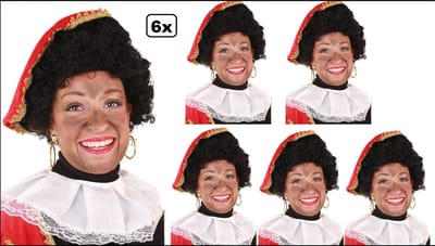6x Luxe Pieten pruik krul zwart - verstelbare kap en wasbaar - Sinterklaas feest thema feest Sint en Piet