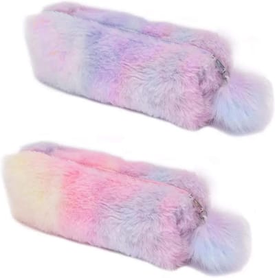 Schattige 21cm Pluche Regenboog Pennenzak, Fluffy Pennentas en Make-up Etui met Pompom Bal voor Kinderen en Schoolgebruik