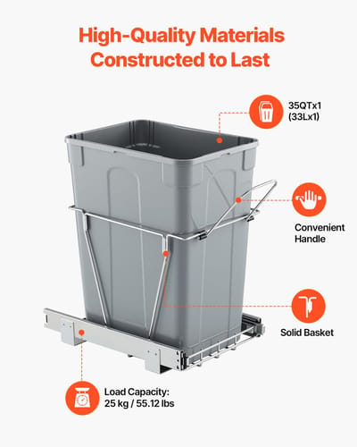 Uittrekbare vuilnisbak voor keukenkasten, afval- en recyclingbak, onderbouwvuilnisbak met duurzaam metalen schuifsysteem en handvat, ideaal voor gebruik onder de gootsteen of aanrecht