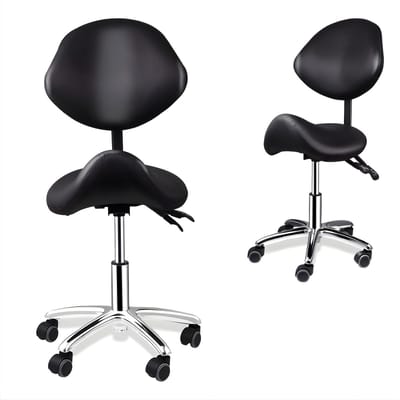 Ergonomische Rollende Zadelstoel - Bureaukruk - Werkkruk - Tabouret - Zadelstoel - met Wielen & Rugleuning - Voor Kapper & Spa - Zwart