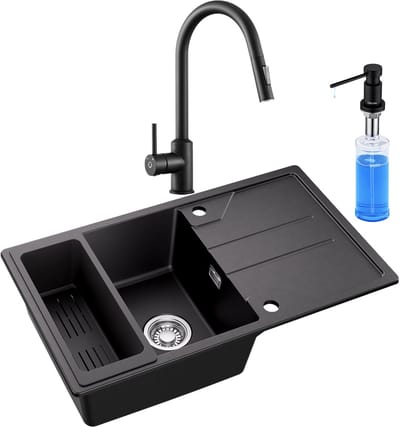 CECIPA max Spoelbak Keuken 78*45cm - Graniet Spoelbakken Met Keukenkraan en zeepdispenser - Multifunctionele Spoelbak Met Planchet en Afvoermand - Met waterafvoersysteem - Voor 60 cm kast - Zwart