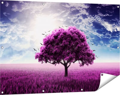 Gards Tuinposter Paarse Boom in het Paars Veld met Vogels - 120x80 cm - Tuindoek - Tuindecoratie - Wanddecoratie buiten - Tuinschilderij