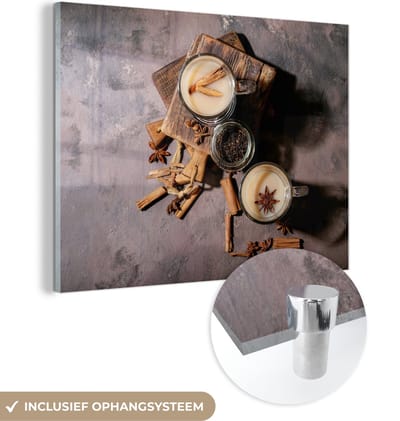 MuchoWow® Glasschilderij 120x90 cm - Schilderij acrylglas - Losse thee - Melk - Kaneel - Foto op glas - Schilderijen