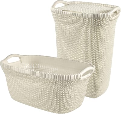 Curver Knit Wasmand met deksel 57L + Wasmand 40L - Gebroken wit