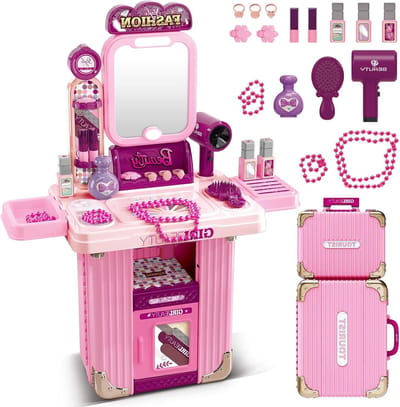 Speelgoed Kaptafel voor Meisjes, 2-in-1 Met Muziek en Licht, 18 Stuks, Prinsessen Make-up en Haarset voor Kinderen vanaf 3 Jaar