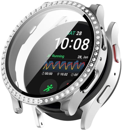 Watch case screenprotector - hoesje - gehard glas - geschikt voor Samsung Galaxy Watch 7 (44 mm) - glittersteentjes - zilver