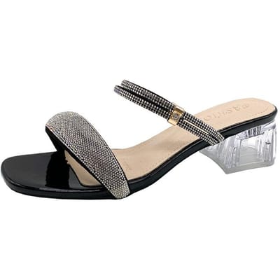 Glanzend Goud Zilver Dames Sandalen Zomer Dikke Hak Kristal Hoge Hakken Feestschoenen Vrouw Comfortabele Slippers Sandalen 41 zwart