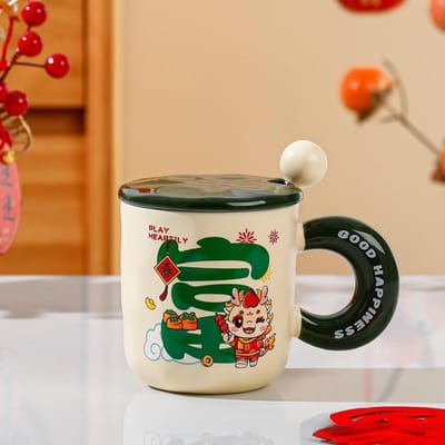 Creatieve Nieuwjaarscup Jaar van de Draak Mok Jaar van de Draak Cadeau Chinese Stijl Keramische Kop met Deksel Lepel Nieuwjaarssouvenir Koffiekop 400ml [a box of 60pcs]