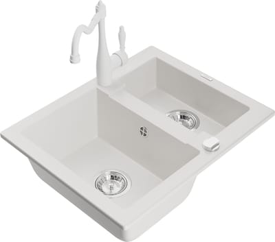 Mexen Carlos granieten spoelbak 1,5-combi met keukenmengkraan Carla, wit - 6518-20-670700-20