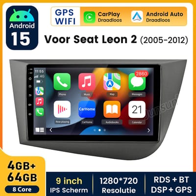 Hexinex Autoradio Geschikt voor Seat Leon 2 (2005-2012) - Draadloos CarPlay, Android Auto, multimediaspeler, 4GB+64GB