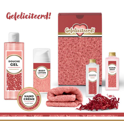 Geschenkset "Gefeliciteerd" - 6 producten - 650 gram - Triomf Cosmetica | Giftset voor haar Luxe wellness cadeaubox Cadeau vrouw Set Gefeliciteerd Geschenk jarige Cadeaupakket moeder Schoonmoeder Oma Vriendin Zus Verjaardagscadeau Geslaagd Roze