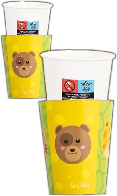Givi Italia Feestbekers met hoesjes - 16x - dierentuin - papier - themafeestje - 250ml - wegwerpbekers - verjaardag - kinderfeestje