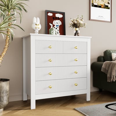 Wishdor - Ladekast Met 5 Lades - Gestructureerde Ladefronten - Vergulde Handgrepen - Wit - Spaanplaat - 79 x 80,5 x 39,5 Cm
