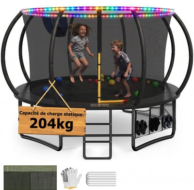 Trampoline met Veiligheidsnet - Ø 427 cm 14FT - Trampoline met LED-verlichting - Met Basketbalring - Met Ladder en Opbergzak - Max. 200 kg - Voor Kinderen en Volwassenen - Zwart