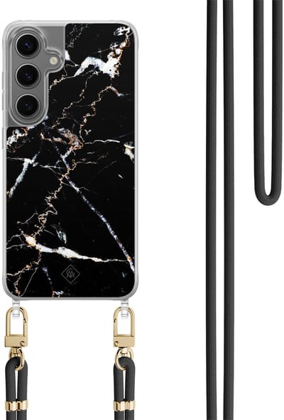 Casimoda® hoesje met koord - Geschikt voor Samsung S24 Plus - Marmer Zwart - Afneembaar koord - TPU/polycarbonaat - Zwart