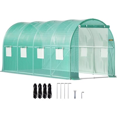 Loop-in Tunnel Kas, 15 x 7 x 7 ft Draagbare Planten Kas met Gegalvaniseerd Stalen Bogen, 1 Bovenbalk, 2 Diagonale Stangen, 2 Deuren met Rits & 8
