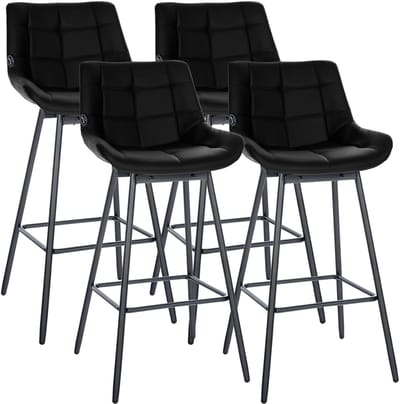 CLP Barkrukken Weston - Set van 4 - 180° Draaibaar met Auto-Return - Met Rugleuning - Gevoerde Zitting - Metalen Onderstel - zwart/zwart