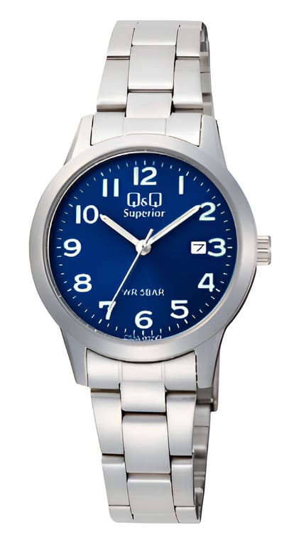 Q&Q C53A-002VY - Horloge - Polshorloge - Analoog - Dames - Vrouwen - stalen band - Rond - Staal - Cijfers - Datumaanduiding - Zilverkleurig - DonkerBlauw