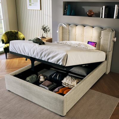 DESMIU Gestoffeerd Bed 90x200cm - Bed Met Leeslamp En Oplaadfunctie - Hoofdbord Met Opbergruimte - Voor Slaapkamer En Jeugdkamer - Linnen - Natuurlijk - Zonder Matras