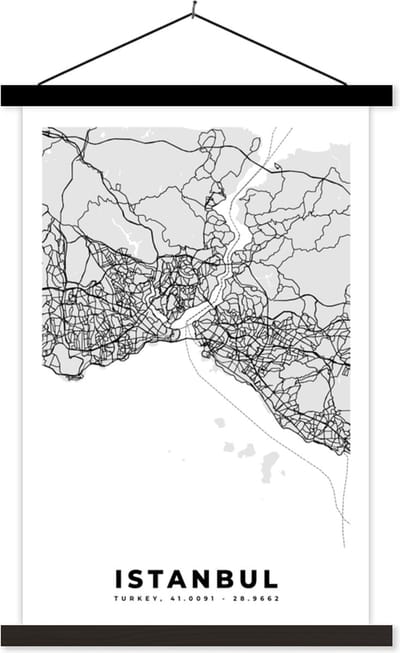 Posterhanger incl. Poster 40x60 cm - Schoolplaat - Istanbul - Plattegrond - Stadskaart - Zwart Wit - Kaart - Textielposter - Zwarte latten - Stadskaart